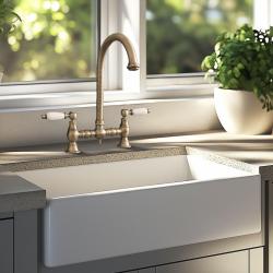 PB Old fashion Bridge Kitchen Faucet Bronze round spout with white handles PBN.BRO.R.WH