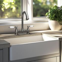 PB Old fashion Bridge kitchen faucet stainless steel round spout with white handles PBN.RVS.R.WH