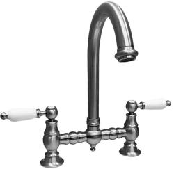 PB Old fashion Bridge kitchen faucet stainless steel round spout with white handles PBN.RVS.R.WH