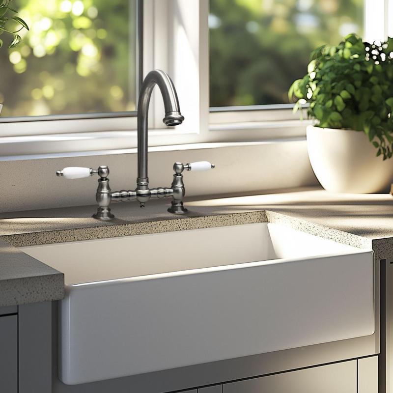 PB Old fashion Bridge kitchen faucet stainless steel round spout with white handles PBN.RVS.R.WH