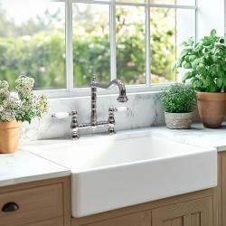 PB Old fashion Bridge kitchen faucet Chrome angled spout with white handles PBN.CHR.H.WH