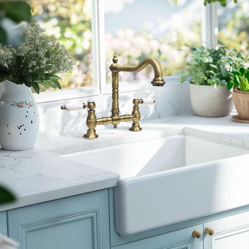 PB Old fashion bridge kitchen faucet Bronze angle spout with white handles PBN.BRO.H.WH