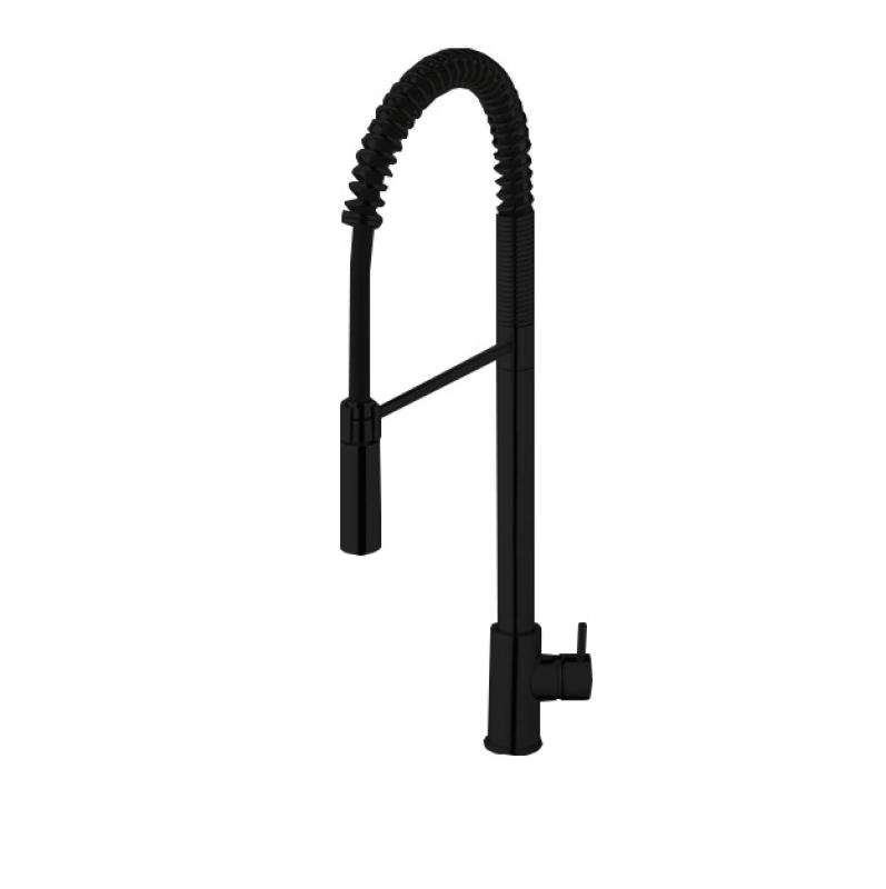 Waterevolution Flow semi-professional kitchen mixer tap, matte black with column and spring T157PR