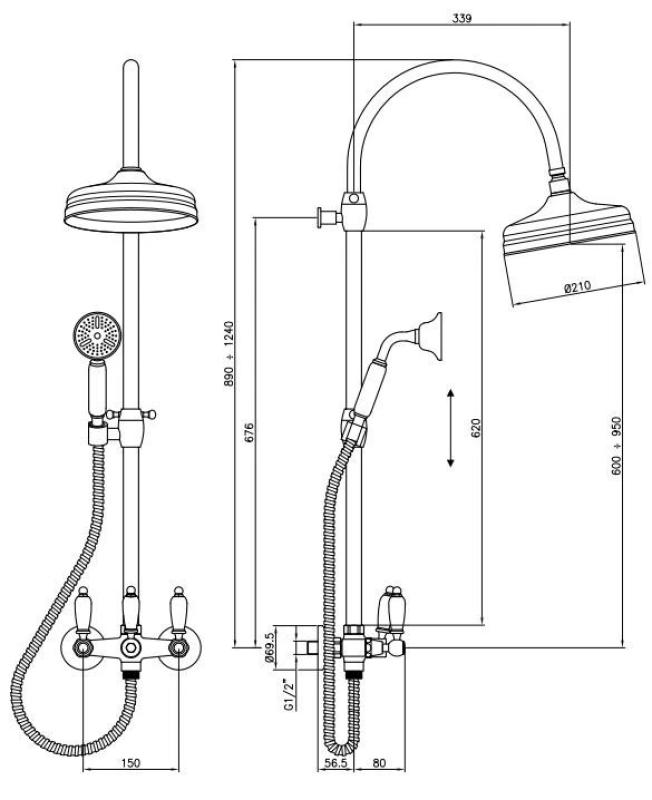 PB Classic Shower set surface-mounted with rain shower telescopic shower column stainless steel 1208854892