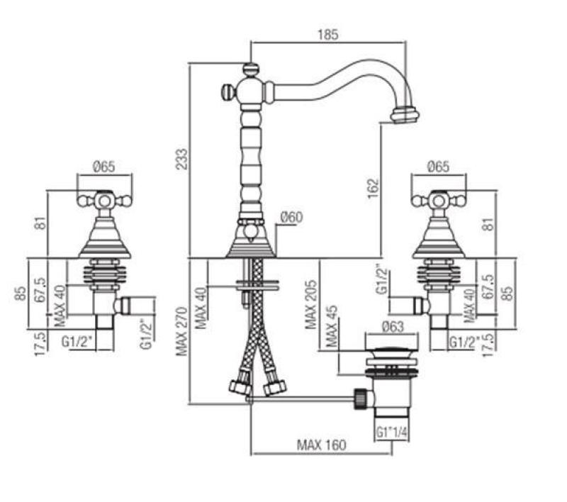 PB classic 3 hole sink faucet with star handles spout 18.5 cm stainless steel 1208854952