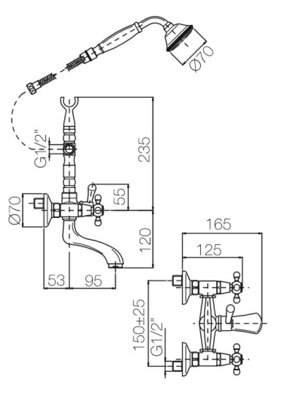 PB Classic tap surface mounted bath mixer set with power knobs stainless steel including hand shower 1208855172