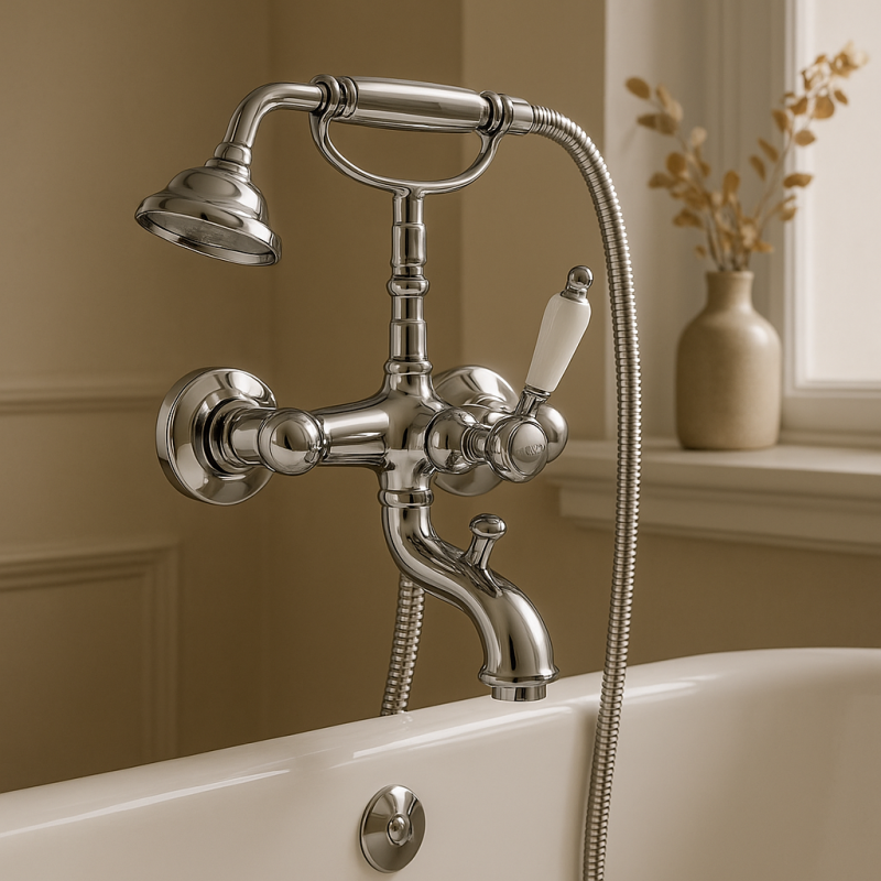 PB Nostalgic bath mixer with hand shower and white lever Chrome