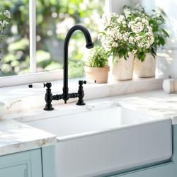 PB Nostalgic Bridge kitchen tap matt black round spout with white handles PBN.ZW.R.WH