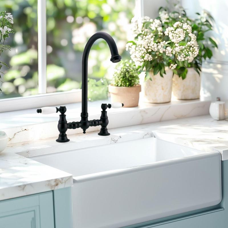 PB Nostalgic Bridge kitchen tap matt black round spout with white handles PBN.ZW.R.WH