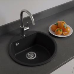 GraniteMy Bremen round granite sink 43 cm black inset and undermount with tap hole bench with stainless steel plug 1208953206