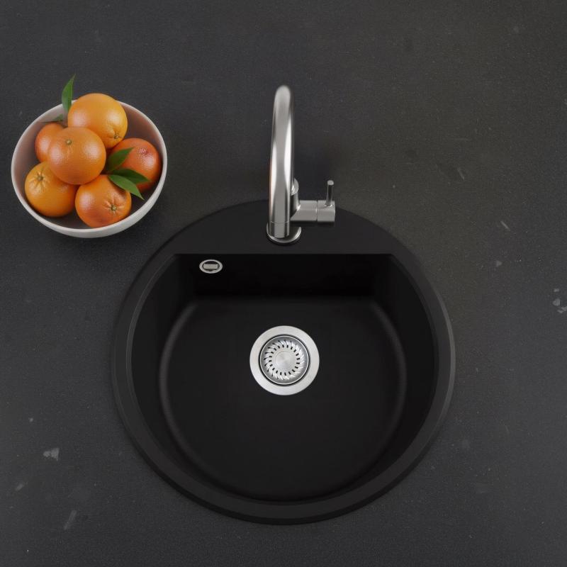 GraniteMy Bremen round granite sink 43 cm black inset and undermount with tap hole bench with stainless steel plug 1208953206