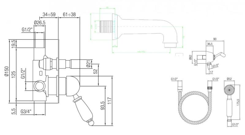PB nostalgic built-in bathtub set Bronze