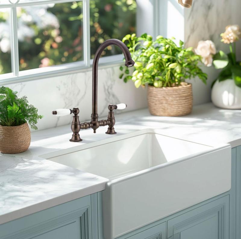 PB Nostalgic Bridge kitchen tap dark bronze round spout with white levers 1208954665