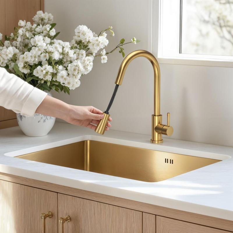 Quadri Leeds kitchen mixer tap with pull-out shower with 2 settings PVD brushed gold 1208955910