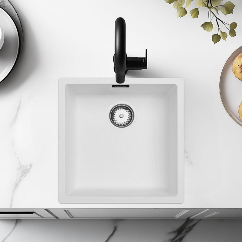 White sink 40x40cm undermount inset and flush-mounted with stainless steel plug 1208956392