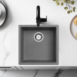 Concrete grey sink 40x40cm undermount inset and flush-mounted with stainless steel plug 1208956393