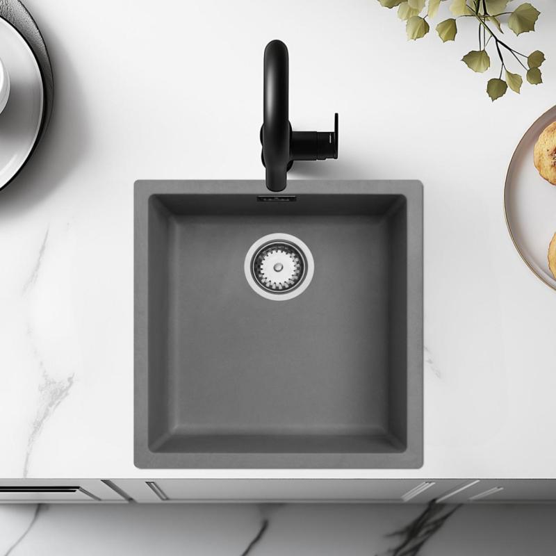 Concrete grey sink 40x40cm undermount inset and flush-mounted with stainless steel plug 1208956393