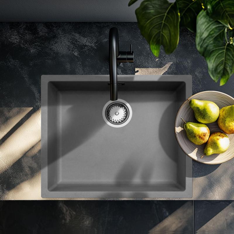 Concrete grey sink 50x40cm undermount inset and flush-mounted with stainless steel plug 1208956398