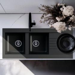 Ausmann Fibre double black plastic sink reversible with drainer inset 116x50 cm 1208956787