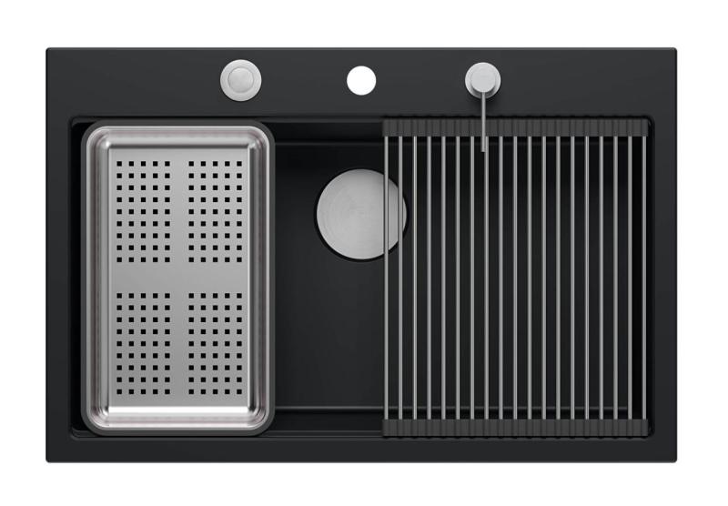 Quadri matt black hard rock granite insetg large sink 76x50cm including accessories 1208957201