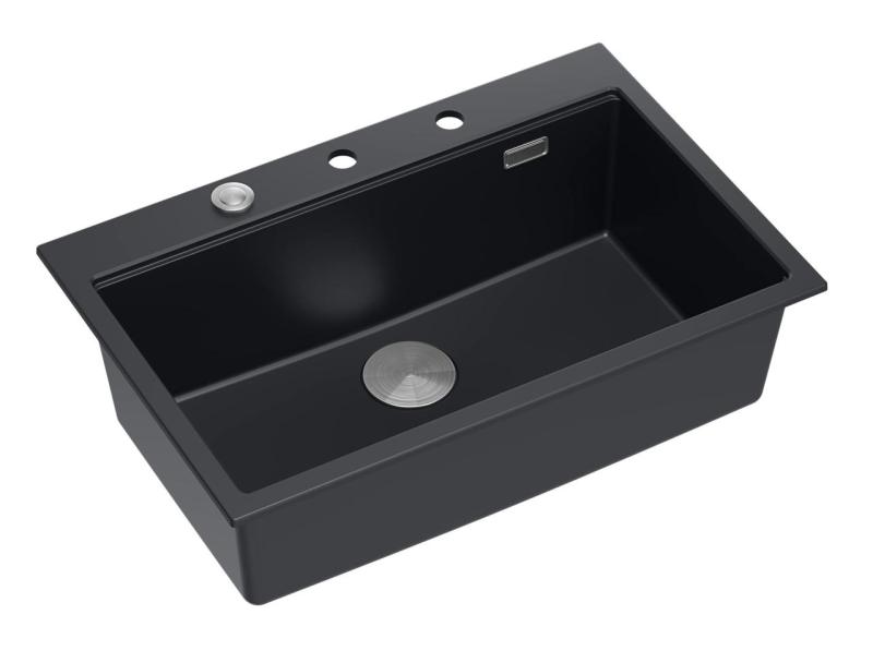 Quadri matt black hard rock granite insetg large sink 76x50cm including accessories 1208957201