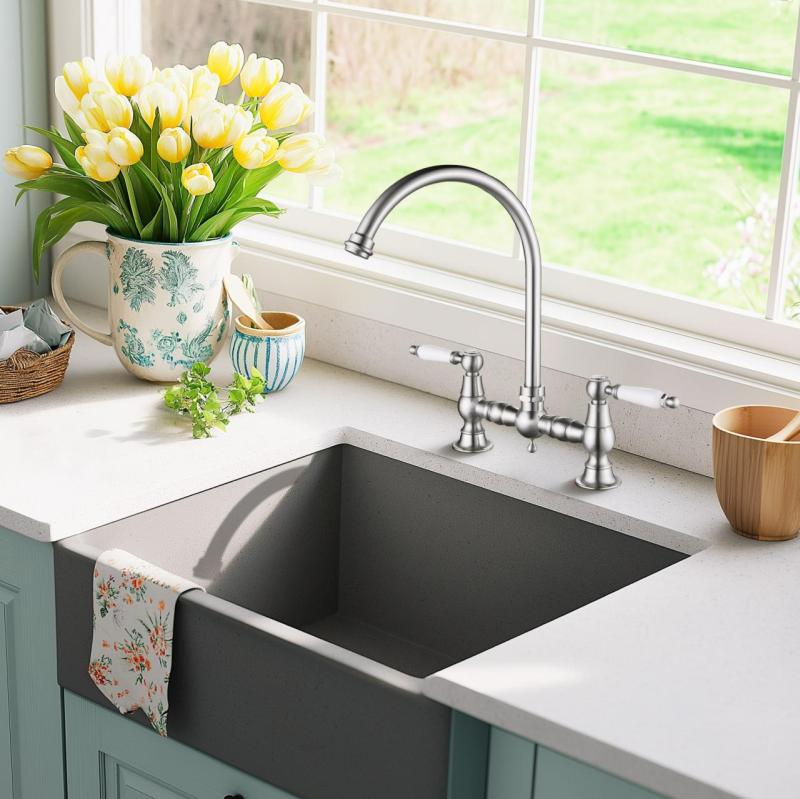 AquaTrimo Country 2-hole classic nostalgic kitchen bridge tap with round spout, stainless steel 21CT7655NM