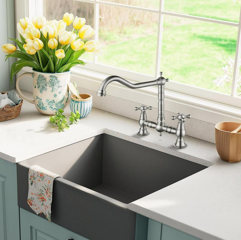 AquaTrimo Windsor 2-hole classic nostalgic kitchen bridge tap with angled spout, stainless steel 21WS7653NM