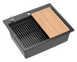 Quadri Durham black granite built-in sink 595x500 with soap dispenser, cutting board, insert sink and roll mat 1208957904