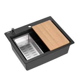 Quadri Durham black granite built-in sink 595x500 with soap dispenser, cutting board, insert sink and roll mat 1208957904