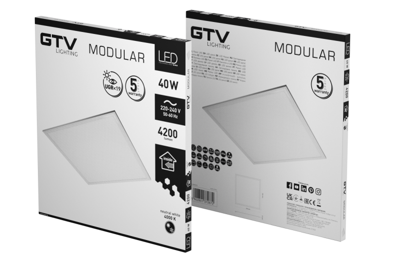 LED luminaire MODULAR, backplate, 60x60cm, 4000K, 40W, 4200lm, AC220-240V, PF>0,9, IP54, 5y, UGR<19 1208963000