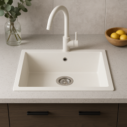 GraniteMy Universal granite white sink 55x40 cm white surface-mounted, under-mounted, and flush-mounted with stainless steel plug 1208967109