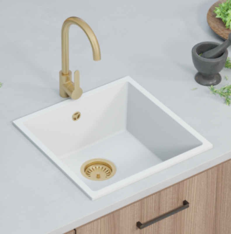 GraniteMy Universal granite white sink 40x40 cm black top-mounted undermount and flush-mount with golden plug 1208967127