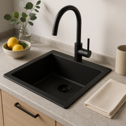 GraniteMy Universal granite black sink 34x40 cm black surface-mounted, under-mounted, and flush-mounted with black plug 1208967143