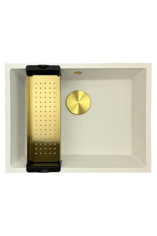GraniteMy Universal granite white sink 55x40 cm white top-mount, under-mount, and flush-mount with golden plug 1208967155