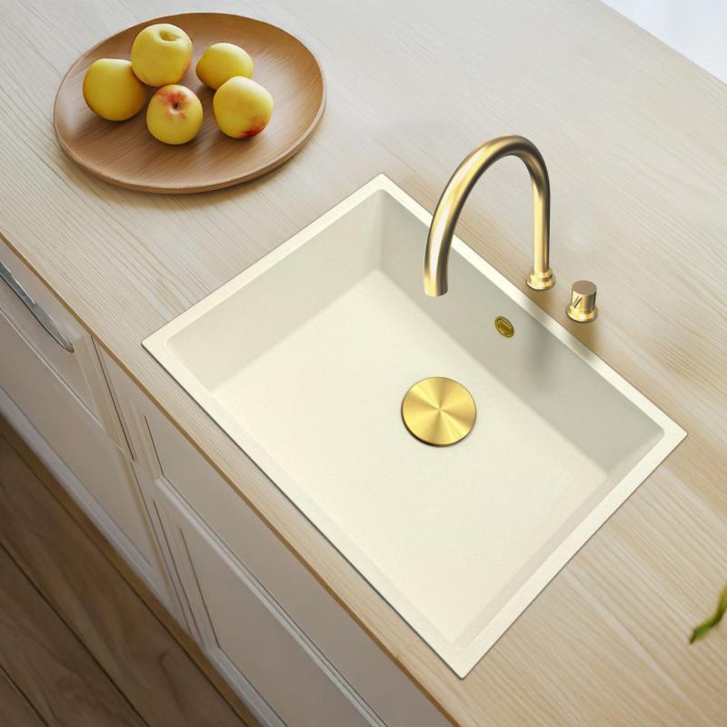 GraniteMy Universal granite white sink 55x40 cm white top-mount, under-mount, and flush-mount with golden plug 1208967155