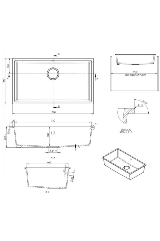 GraniteMy Universal granite large white sink 74x40 cm white top-mounted, undermount and flush-mount with black plug 1208967161