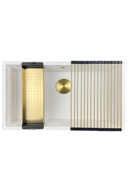 GraniteMy Universal granite large white sink 74x40 cm white top-mounted, undermount and flush-mount with golden plug 1208967163