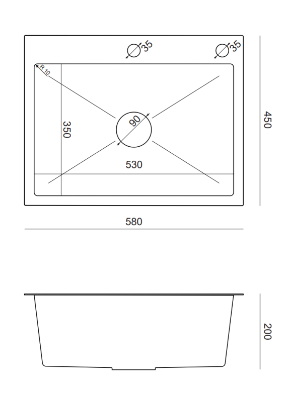 Quadri Dixton 60 black PVD Nano stainless steel sink 580x450 mm with tap hole and accessory 1208967195