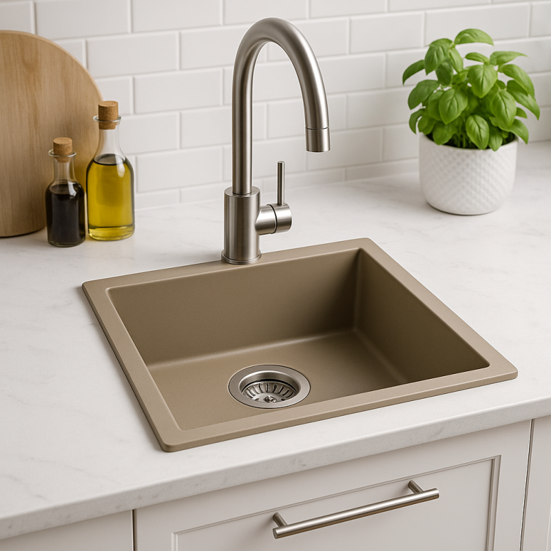 GraniteMy Universal granite taupe sink 40x40 cm top-mounted undermount and flush-mount with stainless steel plug 1208967211