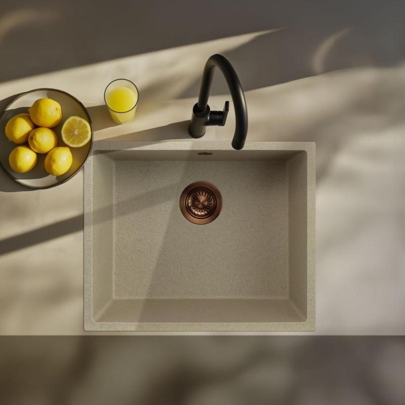 GraniteMy Universal granite beige sand sink 50x40 cm top-mounted, undermount and flush-mount with copper plug 1208967221