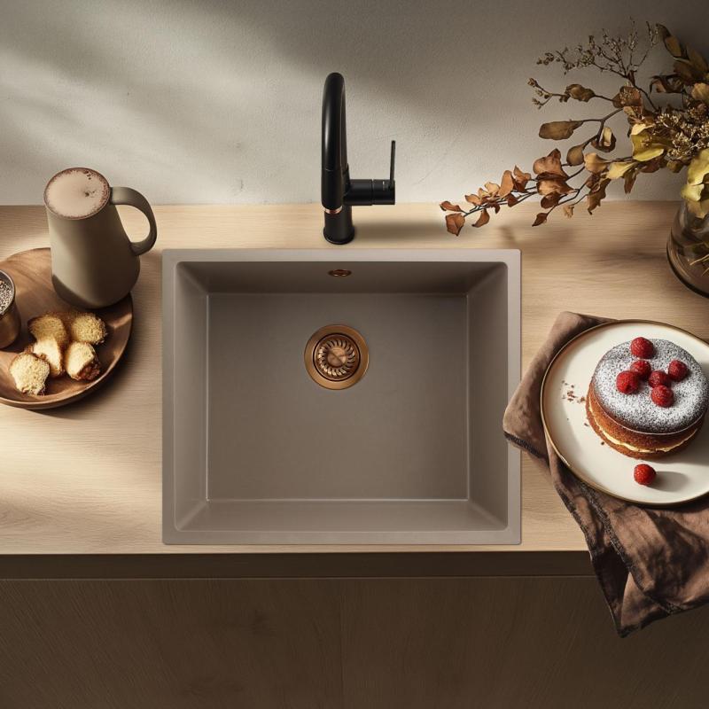 GraniteMy Universal granite taupe sink 50x40 cm top-mounted, undermount and flush-mount with copper plug 1208967225