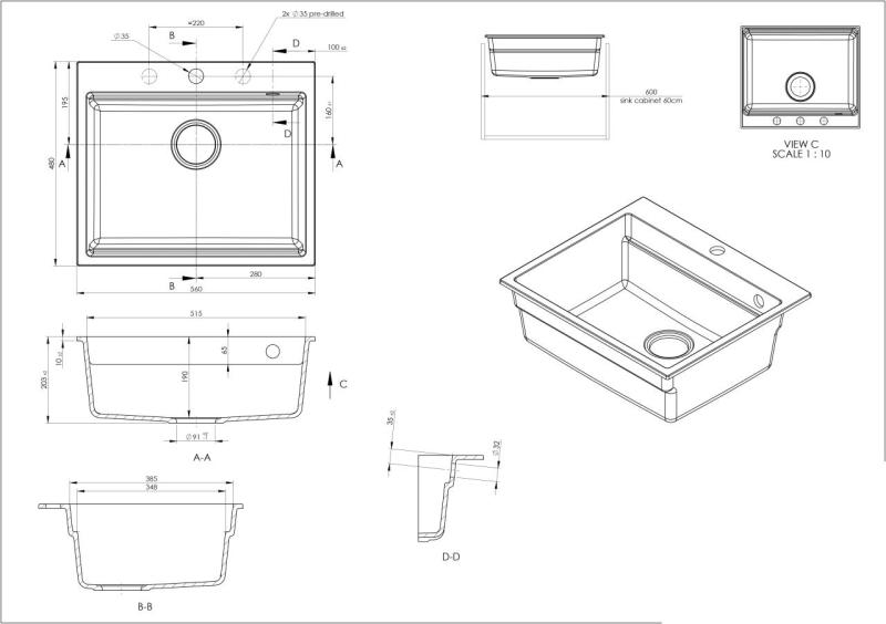 GraniteMy Steam granite sink 56x48 cm black top- mounted with black plug including accessories 1208967233