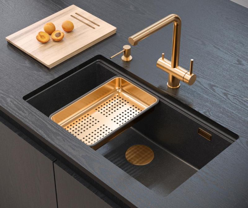 Quadri Newport II anthracite granite inset and undermount sink with manual siphon 76x45cm with copper plug 1208967311