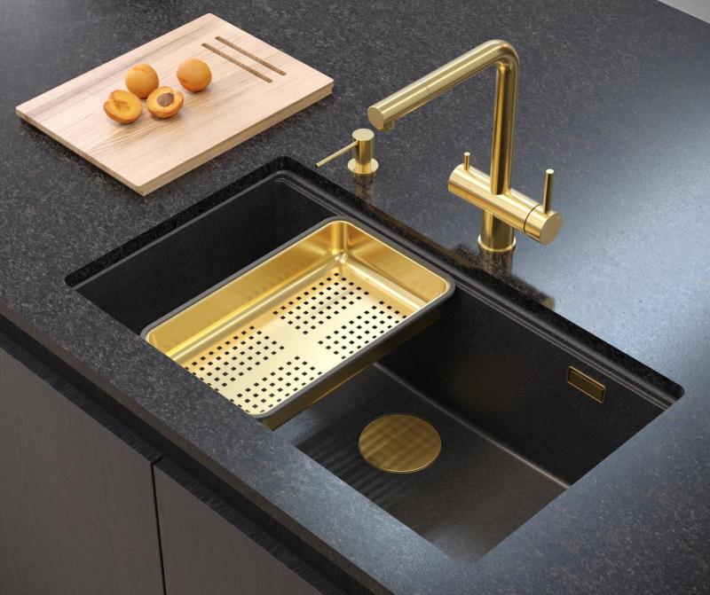 Quadri Newport II anthracite granite inset and undermount sink with manual siphon 76x45cm with golden plug 1208967312
