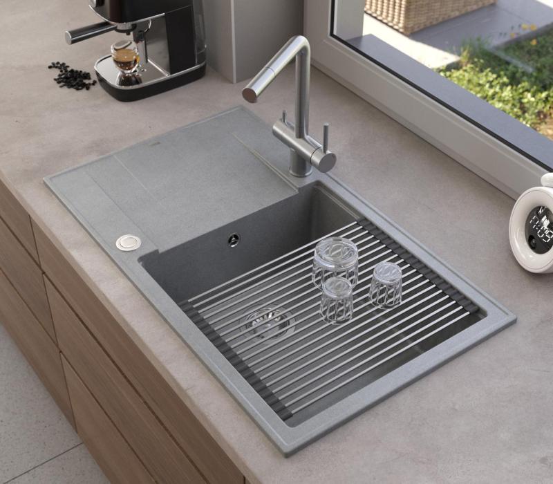 Quadri Luton grey granite large Inset Kitchen Sink with draining board reversible 86x50cm with stainless steel plug 1208967330