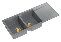 Quadri Luton grey inset double granite sink with drainer, golden plug and push to open siphon 116x50 cm 1208967361
