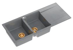 Quadri Luton grey inset double granite sink with drainer, copper plug and push to open siphon 116x50 cm 1208967362