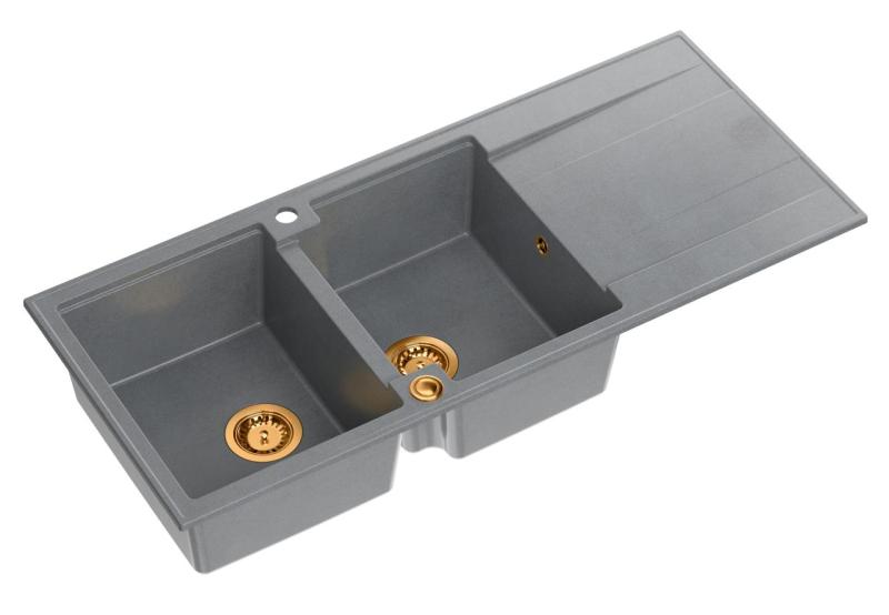 Quadri Luton grey inset double granite sink with drainer, copper plug and push to open siphon 116x50 cm 1208967362