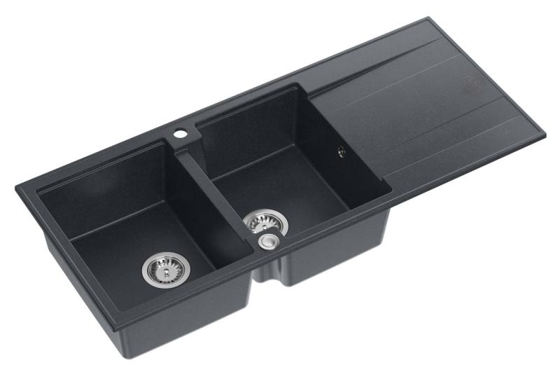 Quadri Luton anthracite inset double granite sink with drainer, stainless steel plug and push to open siphon 116x50 cm 1208967363
