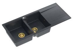 Quadri Luton anthracite inset double granite sink with drainer, golden plug and push to open siphon 116x50 cm 1208967364